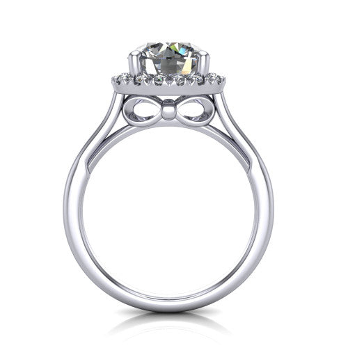 Gemma round halo engagement ring in Platinum, through-finger front profile showing the decorative bow gallery and halo from the front