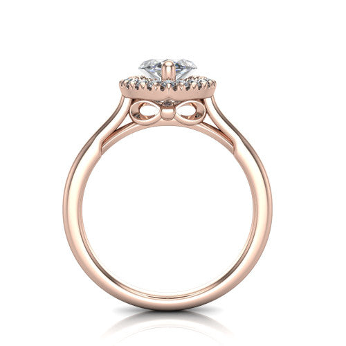 Gemma marquise halo engagement ring in 18K Rose Gold, through-finger front profile showing the decorative bow gallery and halo from the front