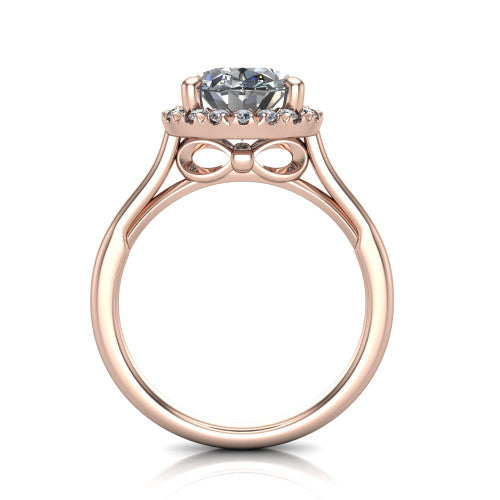 Gemma oval halo engagement ring in 18K Rose Gold, through-finger front profile showing the decorative bow gallery and halo from the front
