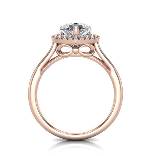Gemma pear halo engagement ring in 18K Rose Gold, through-finger front profile showing the decorative bow gallery and halo from the front