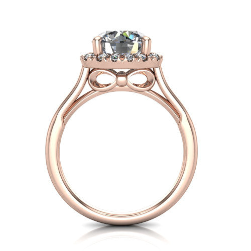 Gemma round halo engagement ring in 14K Rose Gold, through-finger front profile showing the decorative bow gallery and halo from the front