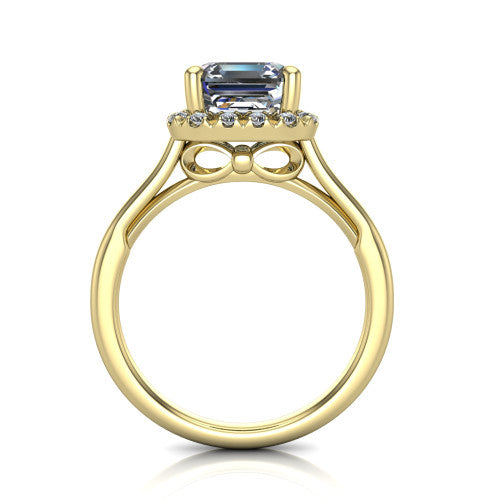 Gemma square emerald-cut halo engagement ring in 18K Yellow Gold, through-finger front profile showing the decorative bow gallery and halo from the front