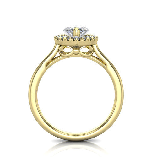 Gemma marquise halo engagement ring in 18K Yellow Gold, through-finger front profile showing the decorative bow gallery and halo from the front