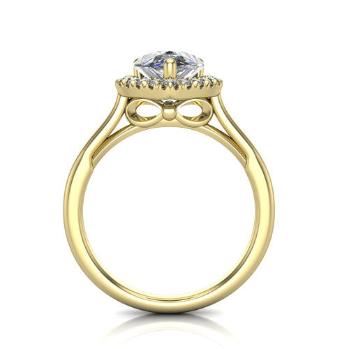 Gemma pear halo engagement ring in 14K Yellow Gold, through-finger front profile showing the decorative bow gallery and halo from the front