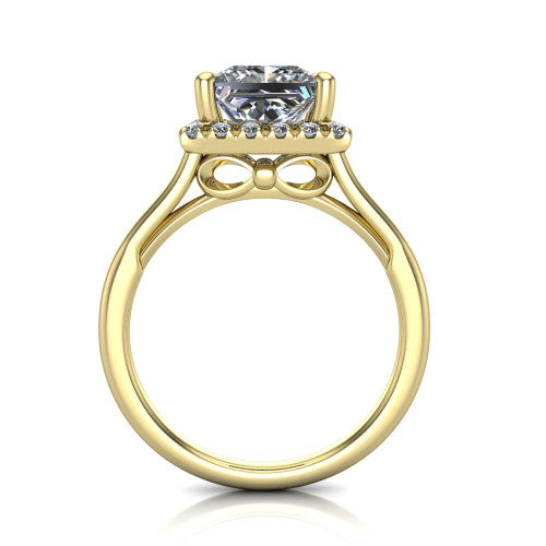 Gemma princess-cut halo engagement ring in 14K Yellow Gold, through-finger front profile showing the decorative bow gallery and halo from the front