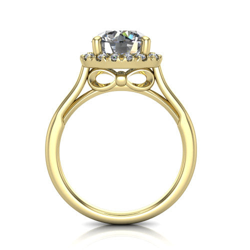 Gemma round halo engagement ring in 18K Yellow Gold, through-finger front profile showing the decorative bow gallery and halo from the front
