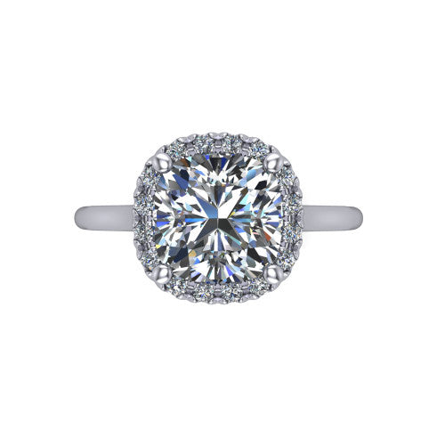 Gemma cushion halo engagement ring in 14K White Gold, top-down view showing the cushion center diamond and pave halo from above