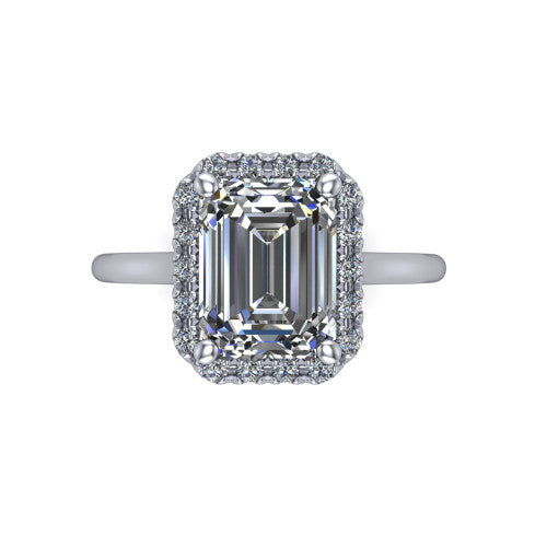 Gemma emerald-cut halo engagement ring in Platinum, top-down view showing the emerald-cut center diamond and pave halo from above