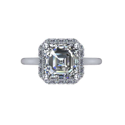Gemma square emerald-cut halo engagement ring in Platinum, top-down view showing the square emerald-cut center diamond and pave halo from above