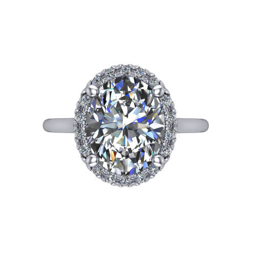 Gemma oval halo engagement ring in Platinum, top-down view showing the oval center diamond and pave halo from above