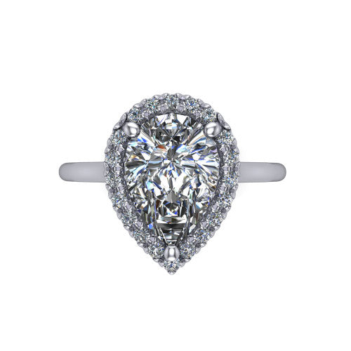 Gemma pear halo engagement ring in Platinum, top-down view showing the pear center diamond and pave halo from above