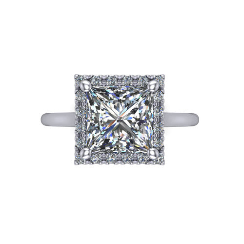 Gemma princess-cut halo engagement ring in 18K White Gold, top-down view showing the princess-cut center diamond and pave halo from above