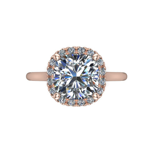 Gemma cushion halo engagement ring in 14K Rose Gold, top-down view showing the cushion center diamond and pave halo from above