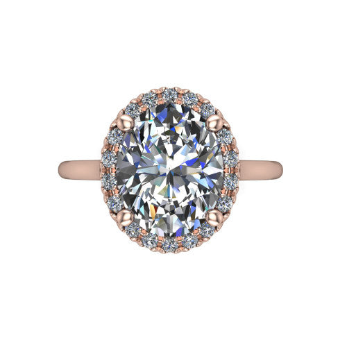 Gemma oval halo engagement ring in 18K Rose Gold, top-down view showing the oval center diamond and pave halo from above