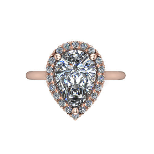Gemma pear halo engagement ring in 18K Rose Gold, top-down view showing the pear center diamond and pave halo from above