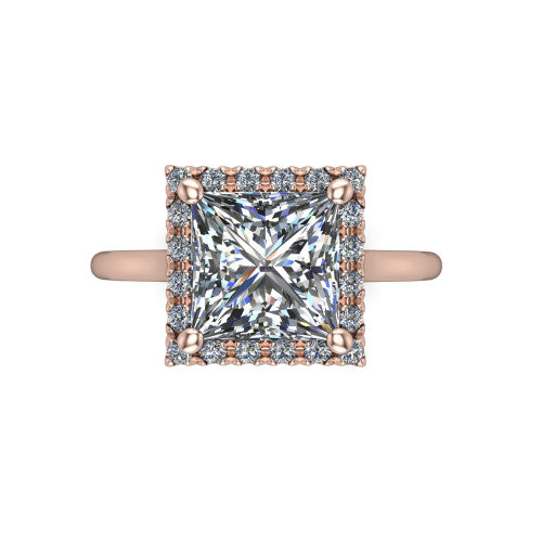 Gemma princess-cut halo engagement ring in 14K Rose Gold, top-down view showing the princess-cut center diamond and pave halo from above