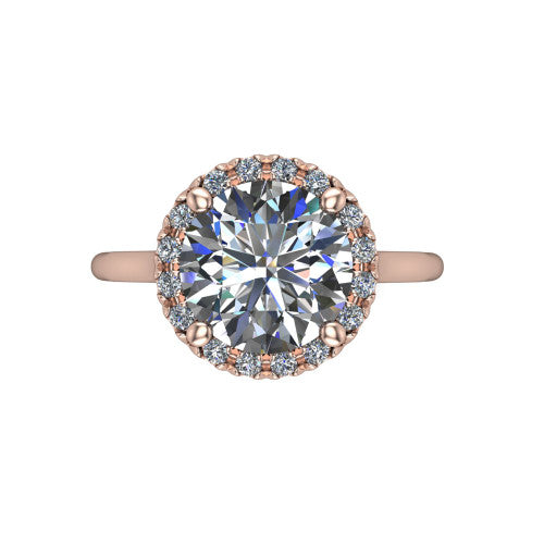 Gemma round halo engagement ring in 18K Rose Gold, top-down view showing the round center diamond and pave halo from above