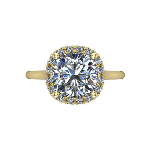 Gemma cushion halo engagement ring in 14K Yellow Gold, top-down view showing the cushion center diamond and pave halo from above