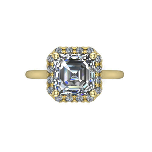 Gemma square emerald-cut halo engagement ring in 14K Yellow Gold, top-down view showing the square emerald-cut center diamond and pave halo from above