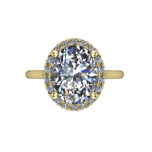 Gemma oval halo engagement ring in 18K Yellow Gold, top-down view showing the oval center diamond and pave halo from above