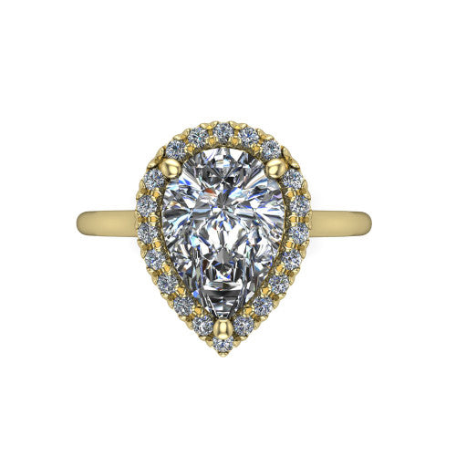 Gemma pear halo engagement ring in 14K Yellow Gold, top-down view showing the pear center diamond and pave halo from above
