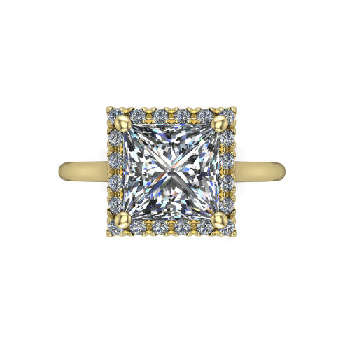 Gemma princess-cut halo engagement ring in 18K Yellow Gold, top-down view showing the princess-cut center diamond and pave halo from above