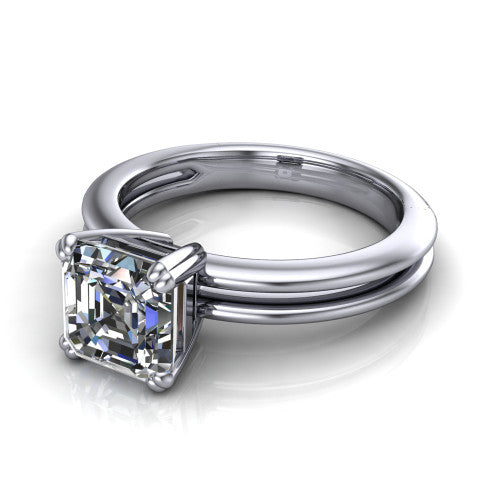 Peyton square emerald-cut classic engagement ring in Platinum, three-quarter perspective showing the square emerald-cut center diamond, double-claw prongs, and split shank