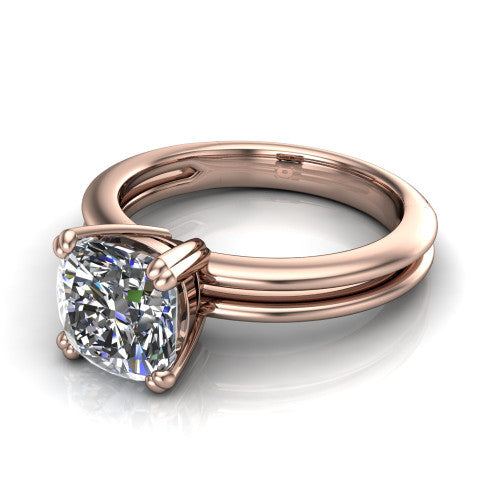 Peyton cushion-cut classic engagement ring in 14K Rose Gold, three-quarter perspective showing the cushion-cut center diamond, double-claw prongs, and split shank