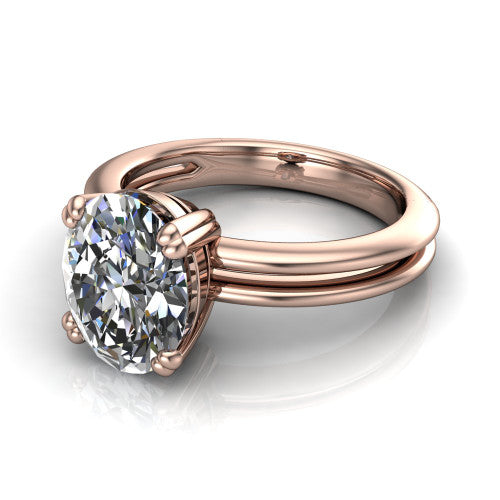 Peyton oval classic engagement ring in 18K Rose Gold, three-quarter perspective showing the oval center diamond, double-claw prongs, and split shank