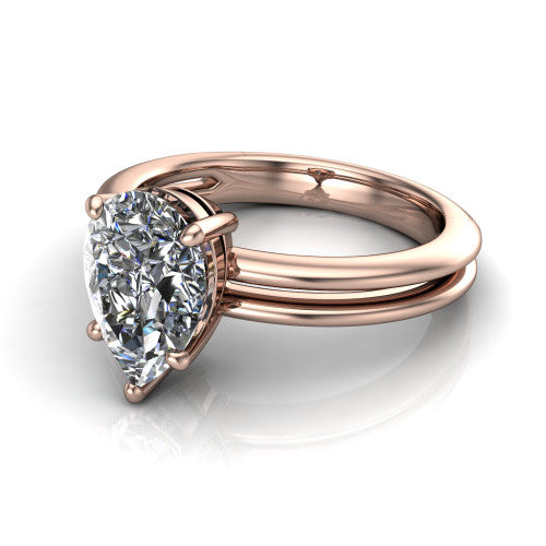 Peyton pear-shaped classic engagement ring in 18K Rose Gold, three-quarter perspective showing the pear-shaped center diamond, double-claw prongs, and split shank