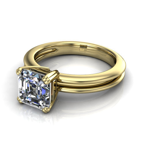 Peyton square emerald-cut classic engagement ring in 14K Yellow Gold, three-quarter perspective showing the square emerald-cut center diamond, double-claw prongs, and split shank