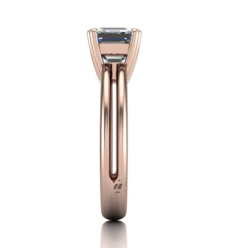 Peyton square emerald-cut classic engagement ring in 18K Rose Gold, side profile showing the split shank dividing into two rails