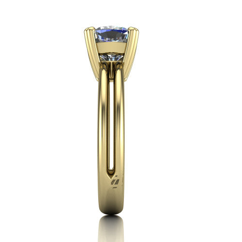 Peyton cushion-cut classic engagement ring in 18K Yellow Gold, side profile showing the split shank dividing into two rails