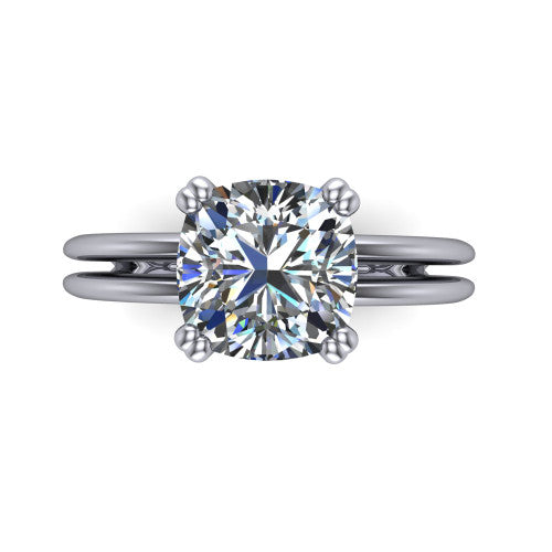 Peyton cushion-cut classic engagement ring in 18K White Gold, top-down view showing the cushion-cut center diamond and the split double-band shank