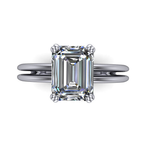 Peyton emerald-cut classic engagement ring in 18K White Gold, top-down view showing the emerald-cut center diamond and the split double-band shank