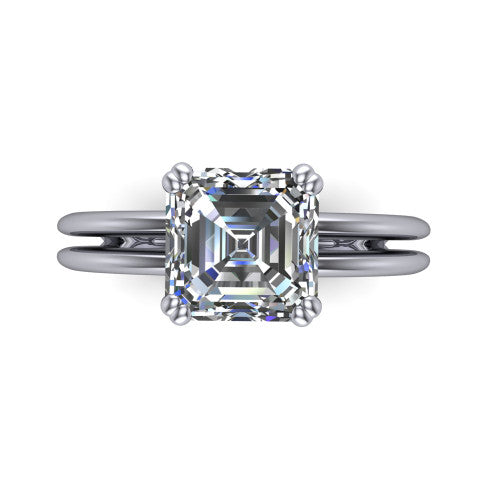 Peyton square emerald-cut classic engagement ring in 18K White Gold, top-down view showing the square emerald-cut center diamond and the split double-band shank