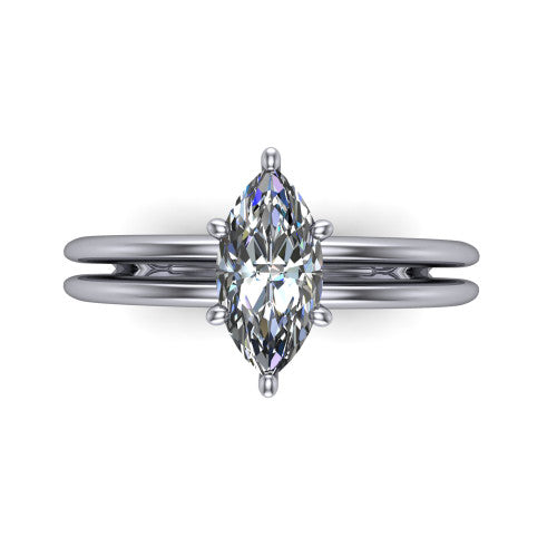 Peyton marquise-cut classic engagement ring in 18K White Gold, top-down view showing the marquise-cut center diamond and the split double-band shank