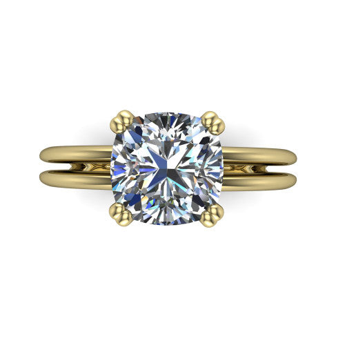 Peyton cushion-cut classic engagement ring in 18K Yellow Gold, top-down view showing the cushion-cut center diamond and the split double-band shank
