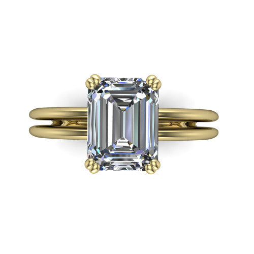 Peyton emerald-cut classic engagement ring in 18K Yellow Gold, top-down view showing the emerald-cut center diamond and the split double-band shank