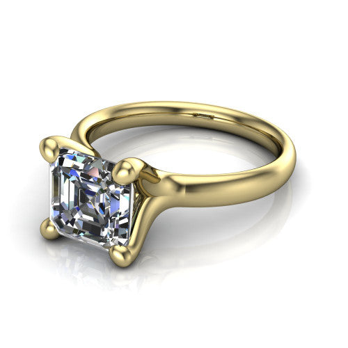 Brynlee square emerald-cut classic engagement ring in 18K Yellow Gold, three-quarter perspective showing the square emerald-cut center diamond above a clean polished band