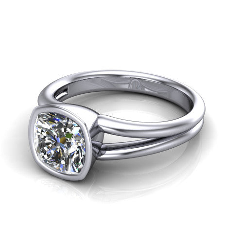 Emersyn cushion-cut classic engagement ring in 14K White Gold, three-quarter perspective showing the bezel-set cushion-cut center diamond and split shank