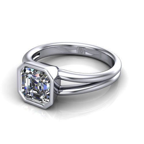 Emersyn square emerald-cut classic engagement ring in Platinum, three-quarter perspective showing the bezel-set square emerald-cut center diamond and split shank
