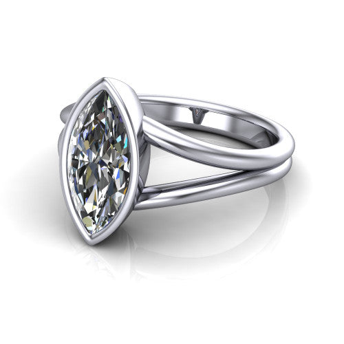 Emersyn marquise-cut classic engagement ring in Platinum, three-quarter perspective showing the bezel-set marquise-cut center diamond and split shank