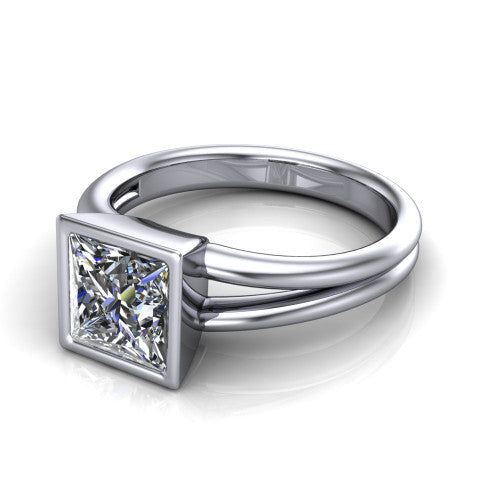 Emersyn princess-cut classic engagement ring in 14K White Gold, three-quarter perspective showing the bezel-set princess-cut center diamond and split shank