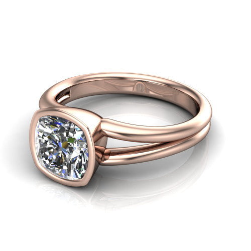Emersyn cushion-cut classic engagement ring in 18K Rose Gold, three-quarter perspective showing the bezel-set cushion-cut center diamond and split shank