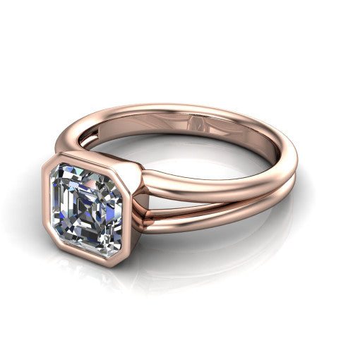 Emersyn square emerald-cut classic engagement ring in 14K Rose Gold, three-quarter perspective showing the bezel-set square emerald-cut center diamond and split shank