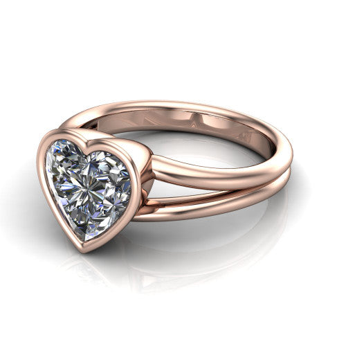 Emersyn heart-shaped classic engagement ring in 18K Rose Gold, three-quarter perspective showing the bezel-set heart-shaped center diamond and split shank