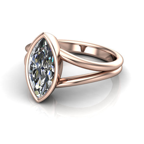 Emersyn marquise-cut classic engagement ring in 14K Rose Gold, three-quarter perspective showing the bezel-set marquise-cut center diamond and split shank