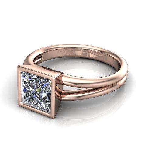 Emersyn princess-cut classic engagement ring in 18K Rose Gold, three-quarter perspective showing the bezel-set princess-cut center diamond and split shank