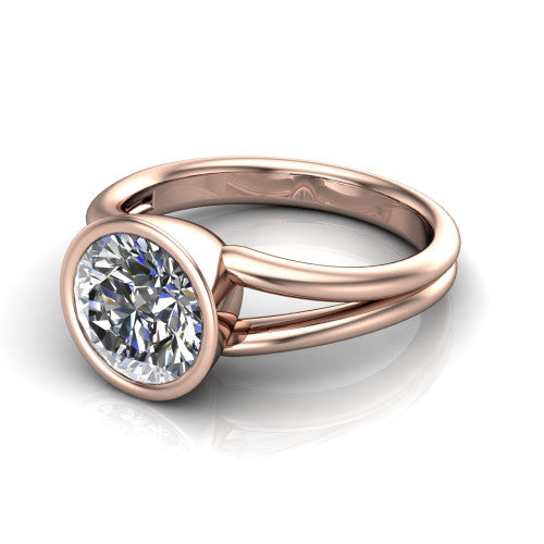 Emersyn round classic engagement ring in 14K Rose Gold, three-quarter perspective showing the bezel-set round center diamond and split shank